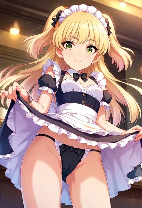  score_9,  score_8_up,  score_7_up,  source_anime BREAK pinup of 1girl, Zigskurk, ,  long hair,  blonde hair,  Ruffled White Maid Headdress , two side up, bangs, Green Eyes, ,  closed mouth , smile,  Detachable White Collar , BLACK BOW, clavicle,  small br...