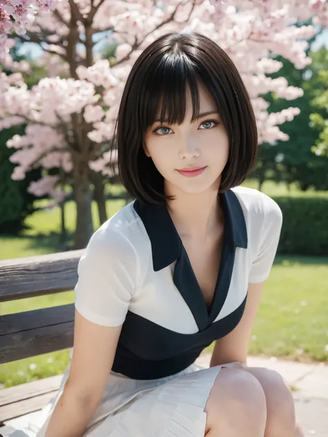 Black pink Hair, Short Hair, Bangs, Beautiful Girl 1, white thin camisole, Cleavage, Short Pleat Skirt, Porcelain Skin, Arched Thin Eyebrow, Twinkle in the Blue Eyes, Detail face, Hyper Realistic, Perfect Body, Realistic texture skin, Realistic Cloth, Cute...