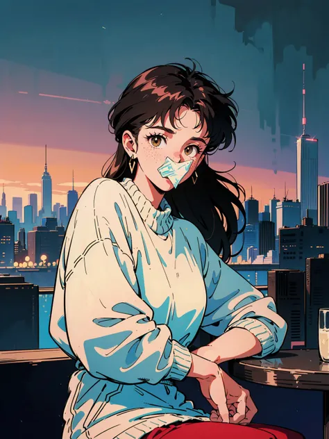   top quality white sweater , 8k,  1980s Style , 21 year old girl,  black hair,  long hair,  light brown eyes,   table with my right hand on the table , Freckles on the cheeks,  Wearing 1980s clothing , Tokyo cityscape 、Im sitting in front of the 