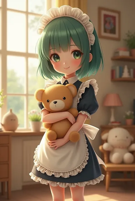 dull green hair　 maid outfit 　Young girl　 cute　I have a stuffed animal　　