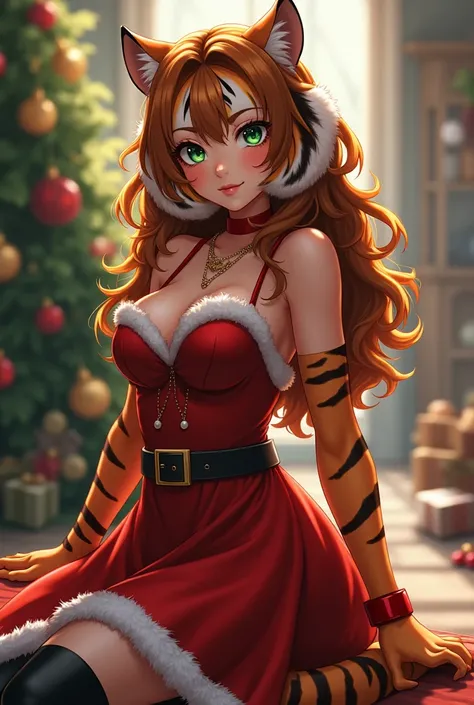 An attractive orange furry tigress , with green eyes,  with wavy brown hair and wearing a red Christmas dress and black boots, furry estilo anime realista