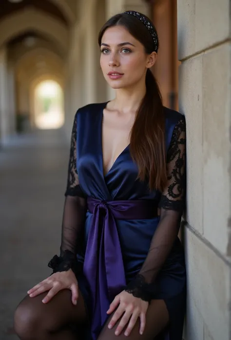 young brunette german woman, beautiful eyes. long brown hair with ponytail. hairband, long Etuidress in dark blue shiny satin with black lace sleeves, Tights, purple Satin ribbonbelt, transparent lip gloss, narrow building, Pretty, 2, Full body photo, long...