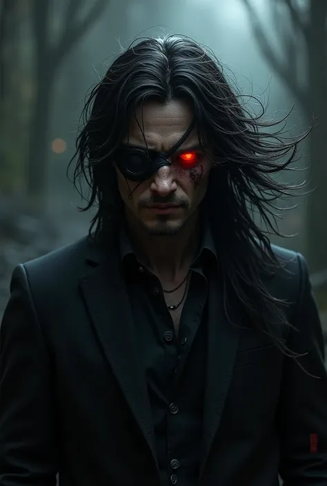 A man with glowing red eyes, long black hair that flowed wildly, and a scar on the left side of his eye who wore an eye patch over his left eye.