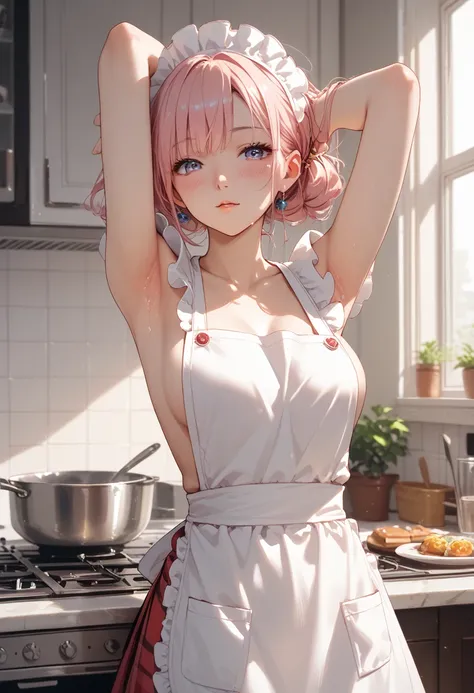 Put one hand on your lower back，Look at your armpitsせ，blush，Look at your armpits，apron， are transparent， no background 