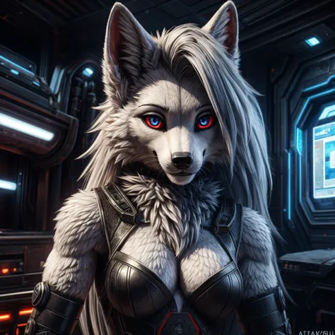 Furry art, breathtaking furry art, realistic furry, anthro white wolf, female wolf, black makeup, blue eyes with red sclera, silver hairs, black ears, sensual, loona, claws,(pixelsketcher pikaflufftulf hioshiru artstyle),full body, slender, 75mm canon shot...