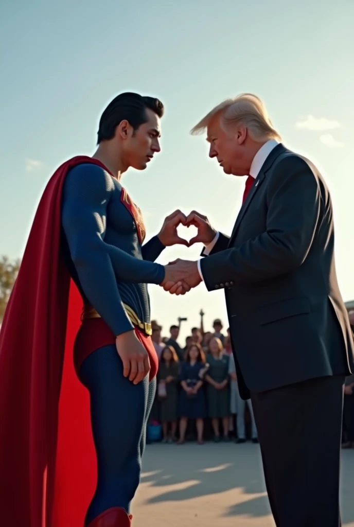 Superman and  US President Trump make heart shape by hands together .Superman and  US President Trump fly hug in the sky . They look from and very handsome.background is a lot of people take camera on them . Superman,a 30-year-old Asian face, attractive, c...