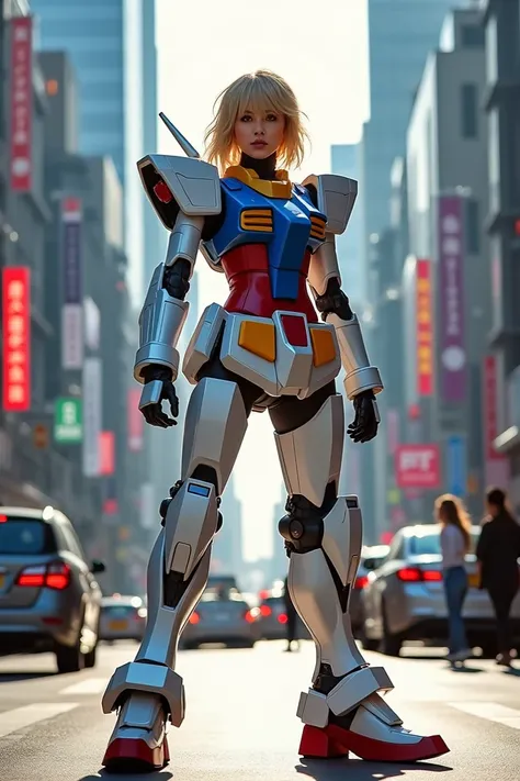 navelImagine a vibrant and dynamic scene set in the heart of a bustling city. A woman stands confidently in the middle of a busy street, her presence commanding attention. She is dressed in an intricate Gundam cosplay, complete with detailed armor and stri...