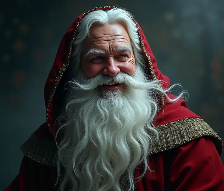 Santa Claus High resolution,  masterpiece, Preciso, HD model,  very detailed,  long hair ,  white hair , Facial hair, laughing, Hood up, image fill, cinematografía, Gothic art, 