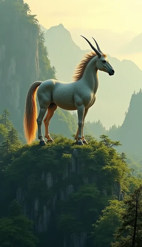 green mountain top，Green trees，An animal that combines Chinese dragons and horses，