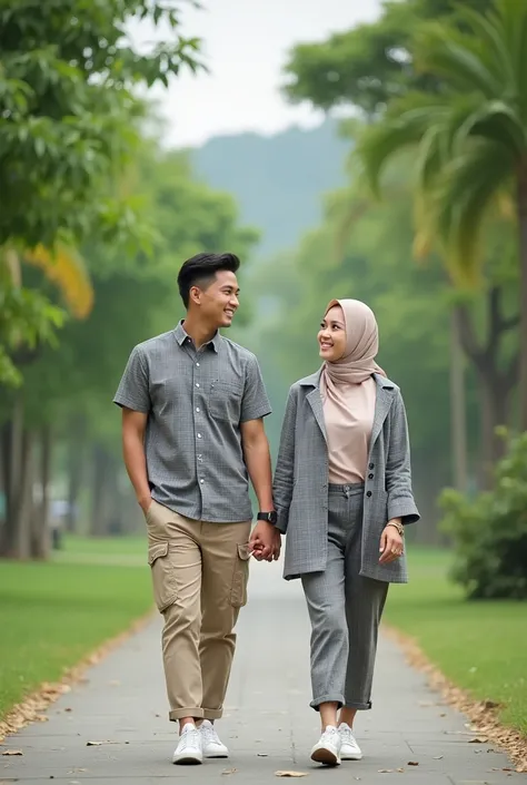 Stunning 8k portrait photo of an Indonesian man showing off his slim body and grey plaid clothes, She has short hair, pointed..., beige cargo pants, and white shoes.., accompanied by a beautiful girl, hijab with the same clothes, they are walking in the pa...