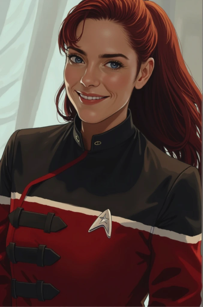 Star Trek universe officer in uniform with black silk fasteners