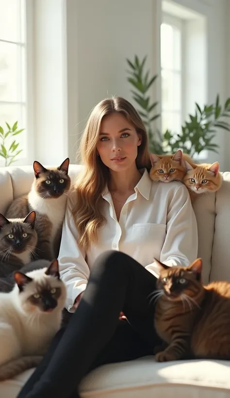 Here’s a detailed prompt for an ultra-realistic enhanced portrait of a woman surrounded by cats:

---

**Prompt:**  
Create an ultra-realistic, enhanced portrait of a beautiful woman sitting gracefully on a plush sofa in a pristine white room. She is weari...