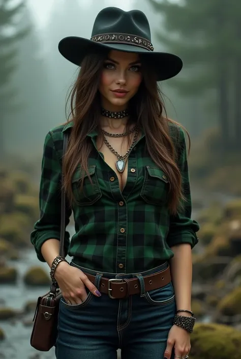 Realistic, high quality, wynorffic beautiful woman with ash brown long straight hair with side-swept style. Green plaid shirt with elbow length sleeves, trapper hat, 82 cm shirt, dark blue jeans and boots, smirk expression, goth pose, 