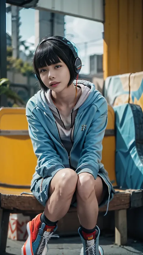 (Wearing white and light blue clothing:1.6),(Light blue fashion:1.6),(harajyuku fashion:1.6),(short bob:1.5),(bowl cut:1.5),(Straight across bangs:1.5),(Black hair:1.2),(zip up hoodie unzipped:1.5),(leg cover:1.5),(platform sneakers:1.6),(headphones:1.5),8...