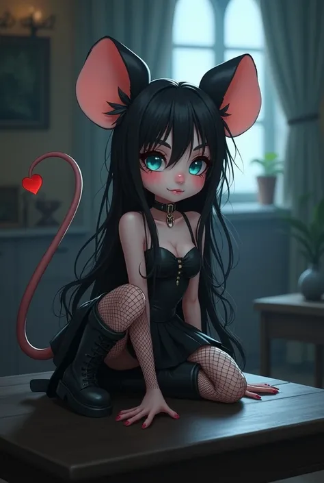 ((ultra quality)), ((tmasterpiece)), Nut, goth, anthropomorphic mouse girl, Furry, ((hairlong)), Beautiful cute face, ((black make-up)), beautiful female lips, charming beauty, ((Kind expression on his face)), seductively looking at the camera, slightly cl...