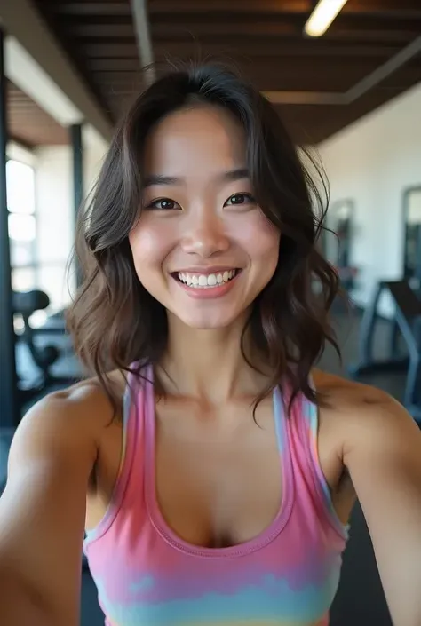 Selfie Style。   young Japanese woman 。  white skin。  medium length hair 。 And a smile 。Slightly curly hair。  colorful  ,  fitted t-shirt、 sexy。Background、 We have a training gym with the latest equipment.。Selfie Style。