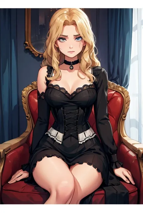 The image shows a young woman sitting on a brown couch. She is wearing a black corset dress with ruffles and black stockings. The dress has a sweetheart neckline and is cinched at the waist with a black choker necklace. She has long blonde hair that is sty...