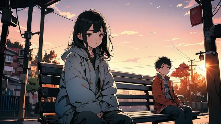  super high resolution,  super detailed,   conceptual art  , romantic style,  soft lighting,  silhouette,  Background Blurred , Sitting on a park bench、A girl who looks a little sad with a sad expression, A boy sitting next to her with a gentle smile, Suns...