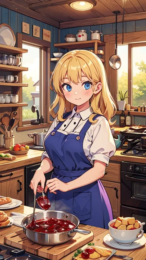 a woman in a cottage kitchen, cooking purple jam, long blonde hair, modest breasts, blue eyes, brown villager dress, white apron