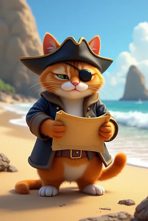 there is a cat dressed as a pirate standing on the beach, new cats movie, cgi 8k , cinematic, realistic, holding a piece of paper map in his hand, fat cat superhero, fat cat, portrait of a cat in a pirate costume, fat cat, new cat movie, anthropomorphic ca...