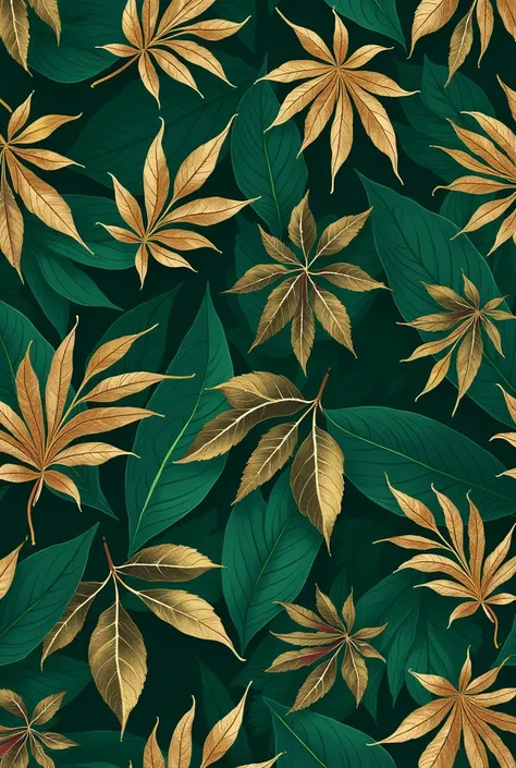 Green and gold pattern with leaves:
Color Pallette: a royal green tones background adorned with gold leaves. 
Mood: Opulent and fresh, evoking a lush garden atmosphere with a touch of grandeur. seamless patterns
