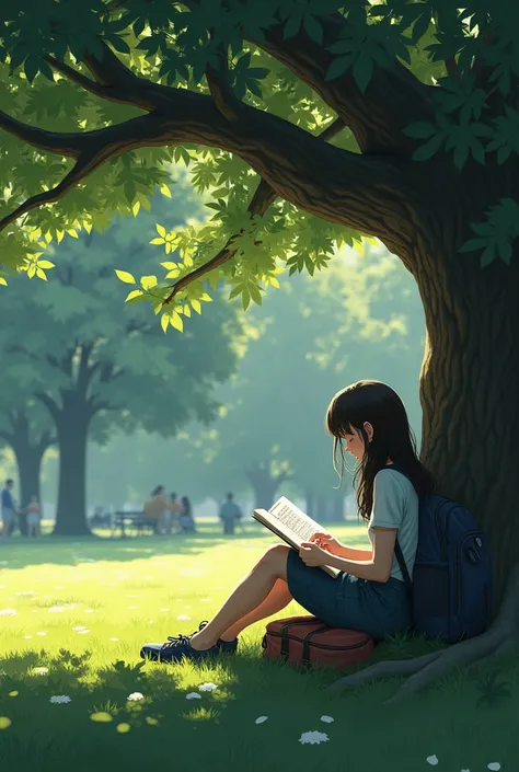 a young teenage girl sitting under an oak tree in a park drawing in a notebook next to her backpack, nightmare, dream-like, highest definition, highest detail, highest quality 