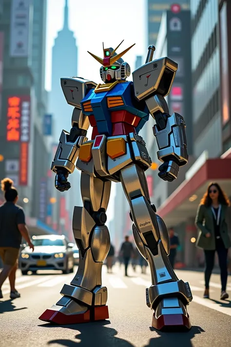 navelImagine a vibrant and dynamic scene set in the heart of a bustling city. A man stands confidently in the middle of a busy street, her presence commanding attention. He is dressed in an intricate Gundam cosplay, complete with detailed armor and strikin...