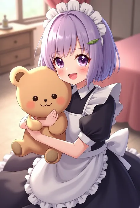 　 maid outfit 　 cute　I have a stuffed animal　 light purple hair　smiling　