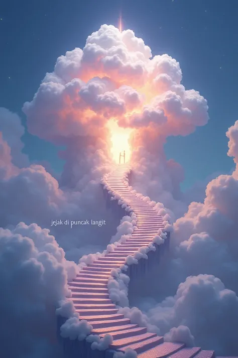 generate a shining cloud and a stair that goes to the cloud and put some treasure inside the cloud

put a text " jejak di puncak langit " in the low middle part of the movie poster