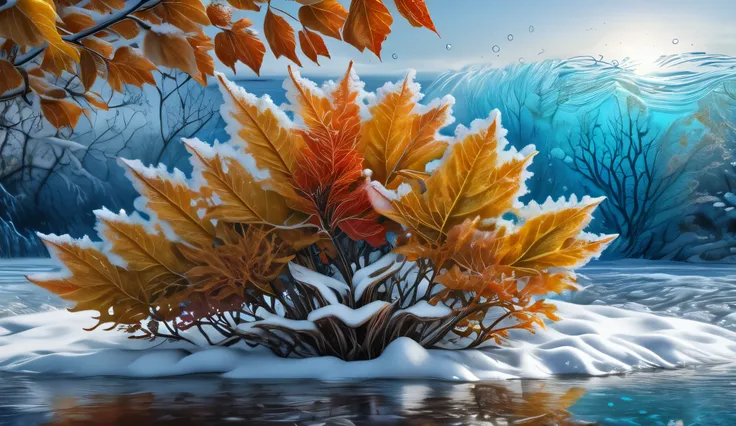 "Winter, snow , leaves, sea, ultra hd, realistic, vivid colors, highly detailed, UHD drawing, pen and ink, perfect composition, beautiful detailed intricate insanely detailed octane render trending on artstation, 8k artistic photography, photorealistic con...