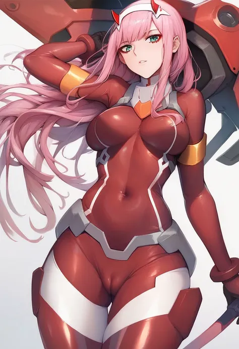 1girl, zero_two_(darling_in_the_franxx), solo, pink_hair, long_hair, horns, bodysuit, pilot_suit, breasts, cameltoe, skin_tight, medium_breasts, hairband, looking_at_viewer, green_eyes, white_background, red_bodysuit, covered_navel, simple_background, whit...