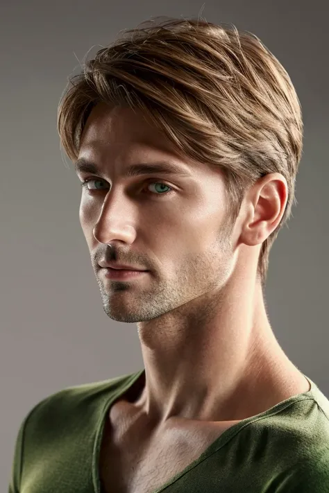 ( better quality ,highres), attractive 40-year-old Caucasian man with distinguished features , athletic build, high height,  Light brown hair of medium length , clean-cut gradient haircut , intriguing green eyes,  seductive smile with a soft expression ,  ...