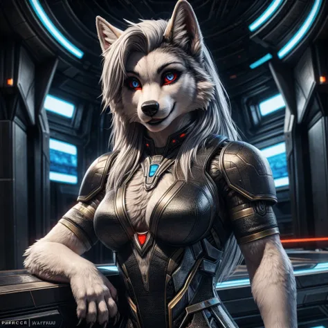 Furry art, breathtaking furry art, realistic furry, anthro white wolf, female wolf, black makeup, blue eyes with red sclera, silver hairs, black ears, sensual, loona, claws,(pixelsketcher pikaflufftulf hioshiru artstyle),full body, slender, 75mm canon shot...