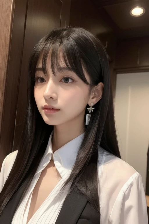  1 girl, solo,  high definition ,  long hair, chest,,  black hair,  earrings for a woman alone,  pretty girl　The most beautiful woman in the world　president　suit　Rich　 Tall　Older sister　 Career Woman 　 and the nose is tall　Rinとしてる　大きなchest, masterpiece,  b...