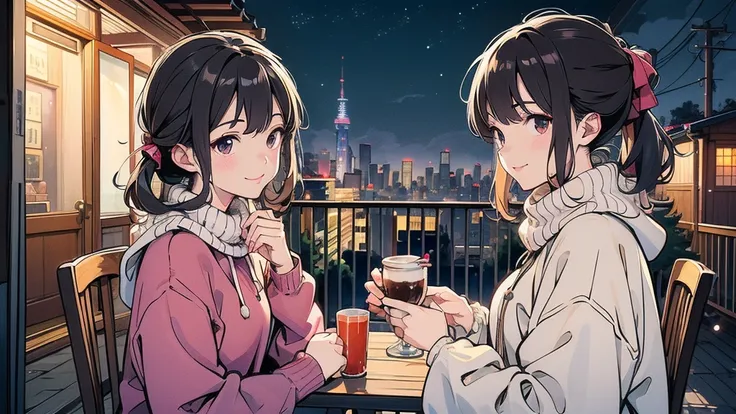 background：night空が見えるバルコニー、I can see the city lights in the distance 。  
Performance： Relaxed Smile 。  
 costume ：Warm sweaters and blankets。  
stop temporarily：sitting on a chair on the balcony、 holding a cup of hot cocoa in one hand , night空を見上げる。  
scen...