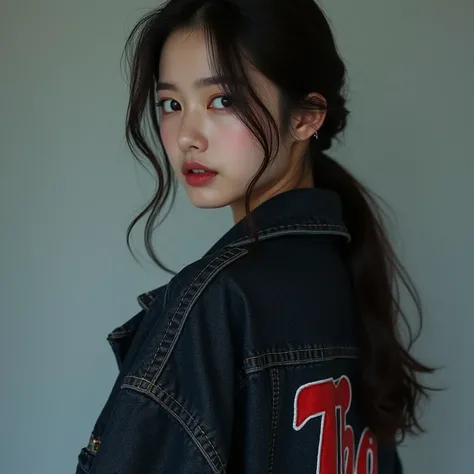 Beautiful sexy korean girl standing alone,Wear a dark denim jacket,The back of the shirt is with tha2 logo