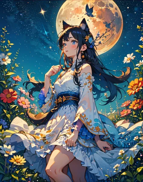 moon,a lots star,
 high definition , look up,クローズアップ,猫と女の子, 