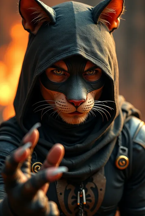 A close-up portrait of a man with feline features, wearing a superhero ninja-like costume, highly detailed, cinematic lighting, sharp focus, photorealistic, dramatic chiaroscuro, warm color palette, heroic pose, intricate costume details, furrowed brow, pi...