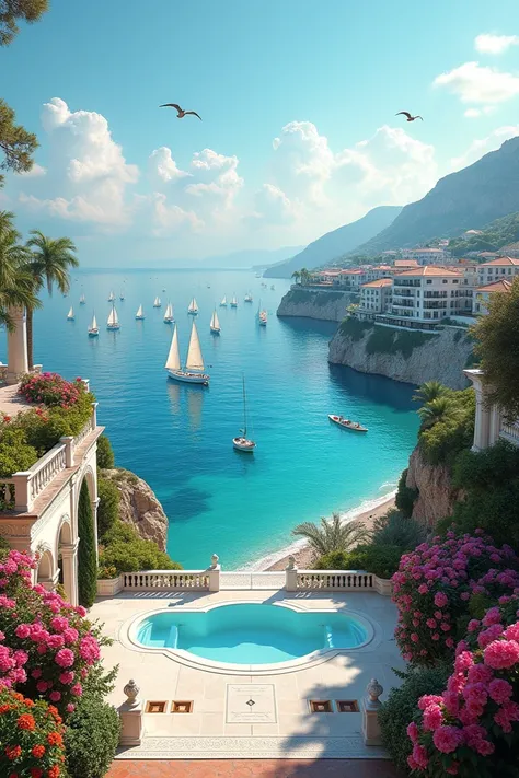 Photo dun magnifique plongeoir sur la mer avec une magnifique façade blanche et remplie de belles fleurs, sur une magnifique plage de sable remplie de belles fleurs et un magnifique hôtel palace méditerranéen à la façade blanche des années 1900, à côté, av...