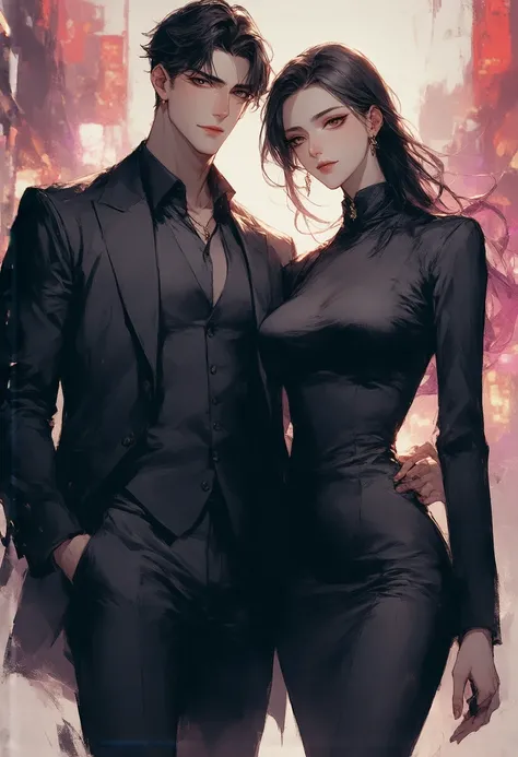 A Korean webtoon style poster of a beautiful and handsome couple with formal suits standing at night, mafia vibes, menacing expression, closeup, Korean face, ultra realistic, background Itaewon South Korea at night.