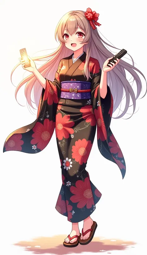 Anime teenage woman with yukata shines black and flowers and getas with remote television remote control shines and emotion of joy and happiness white background and full body 