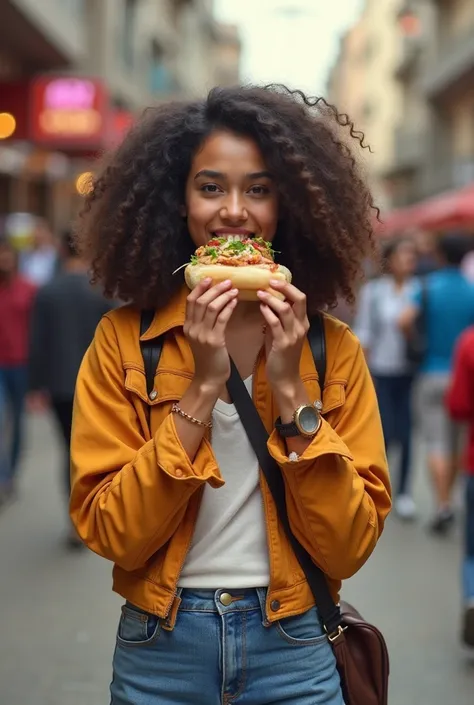 An indan collage girl take away and eat hotdog sandwich 
