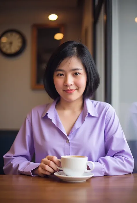 Photo of a beautiful Thai girl with short hair in a light purple shirt in a Starbucks store, smiling brightly, holding a cup of coffee, background, dim lighting