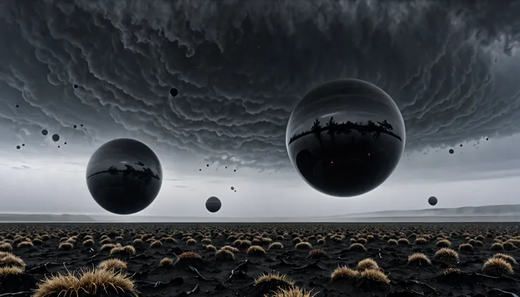 FOTO REALISTA DE DOS PLANETAS VERY CLOSE (((PLANETAS ALMOST TOUCHING INTERCAMBIANDO ATMÓSFERAS))), ON A STORMY GRAY DAY, TWO R-STYLE BLACK PLANETS ARE SEEN.h. Giger, VERY CLOSE, ALMOST TOUCHING. SHOWS GRAVITATIONAL FIELD ABSORBING AND RELEASING MATTER MUTU...