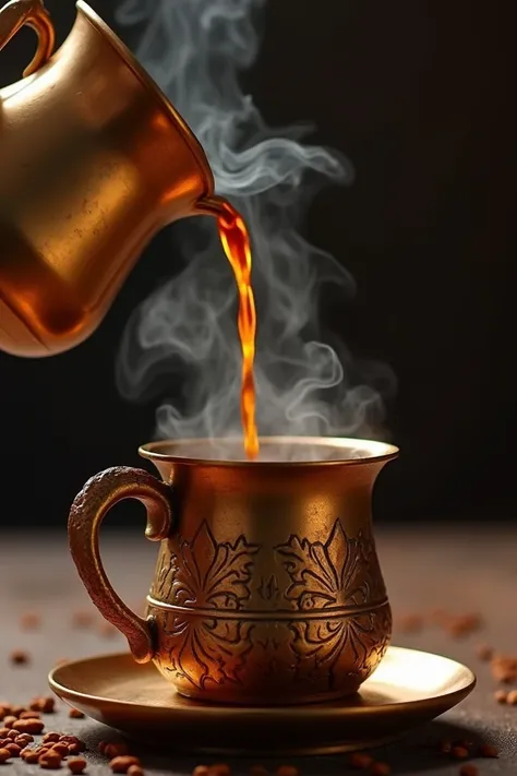 South Indian filter coffee poured in to brass tumbler with smoke