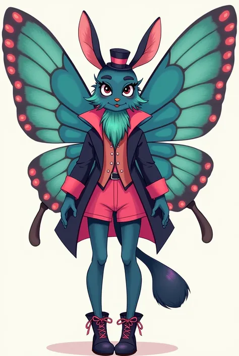 draw me a moth anthropomorphic original character reference sheet the color theme includes The skin is a darker blue with the fluffy neck and wrists bits being more green, the antenna and eyes are black 4 eyes  (2 large eyes and 2 smaller ones) the wings a...