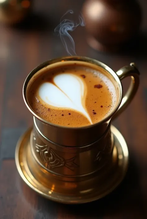 South Indian filter coffee with milk poured in to brass tumbler with smoke top angle