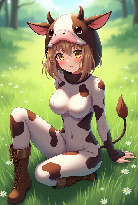  cow cosplay on the grass　women
boots
full body　Yellow Eyes　anime　 light brown hair 　 bob hair　 gym sitting 　 bodysuit 