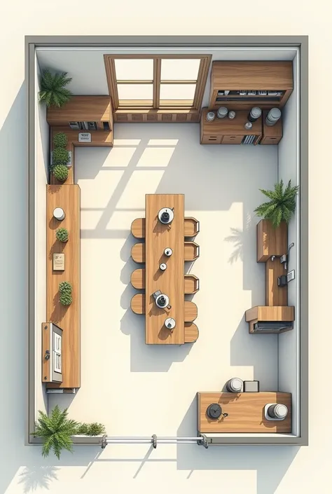 generate a cafe floor plan 2d and wide worktable for the barista remove the people