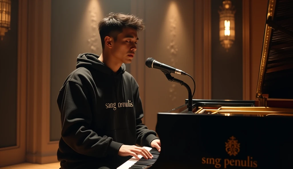 Prompt:

In a luxurious, modern music studio, a male singer sits at an exquisite grand piano adorned with the label "SANG PENULIS" engraved on its surface. He wears a sleek black hoodie with "SANG PENULIS" printed across the chest, embodying the aura of a ...